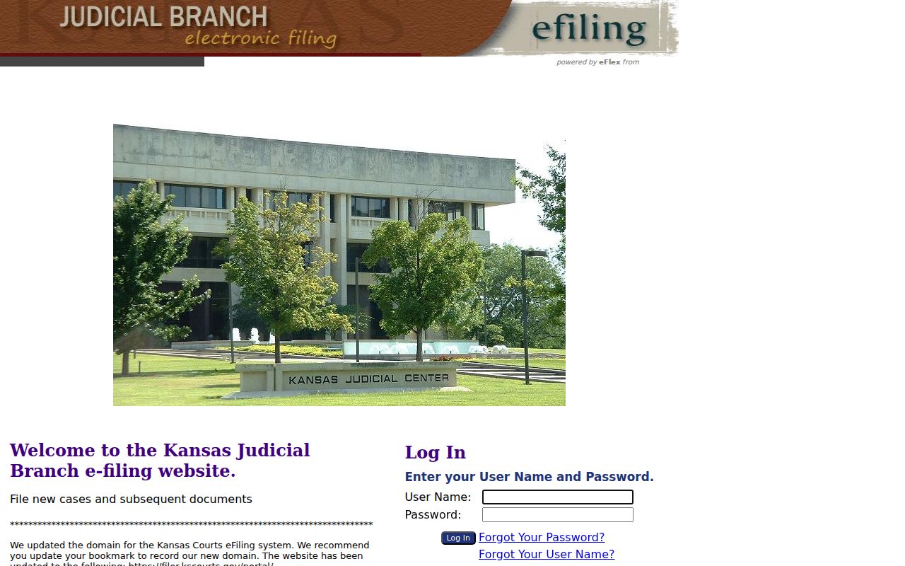 Kansas Courts eFiling login and new-user screen