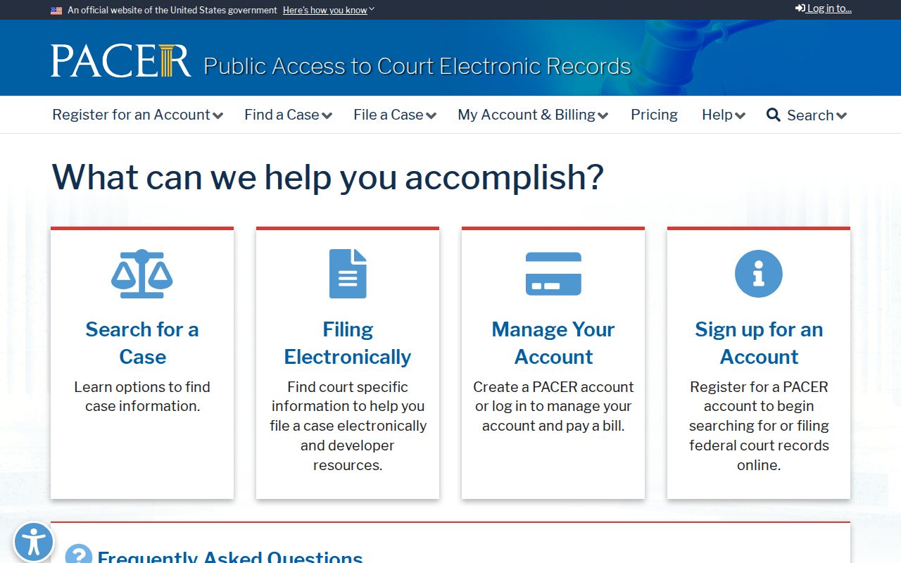 PACER federal court case search and registration page