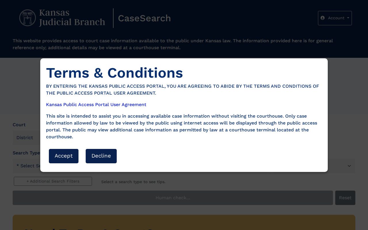 Kansas CaseSearch public search and terms screen for Ellis County court dockets