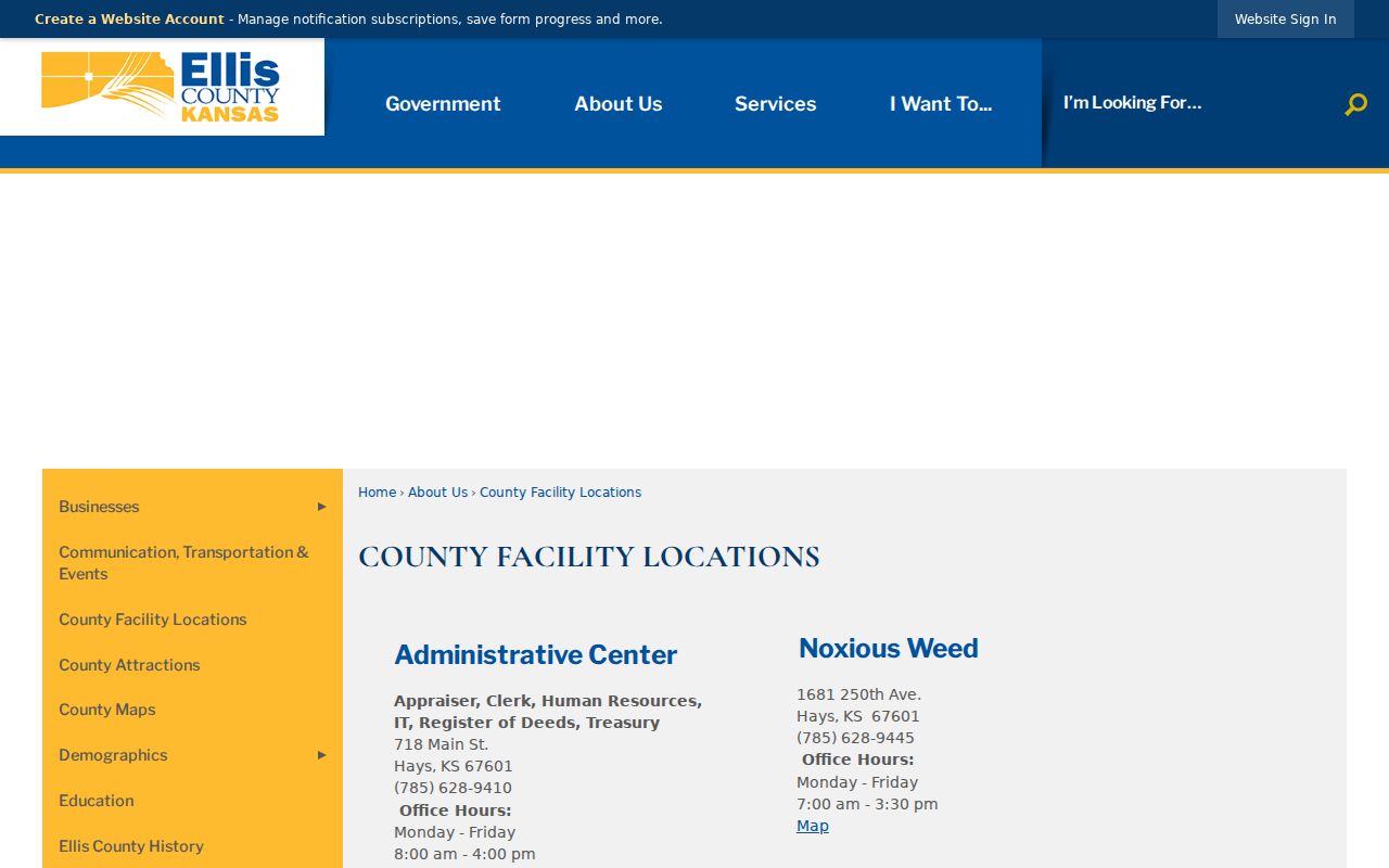 Official Ellis County courthouse and facility location table