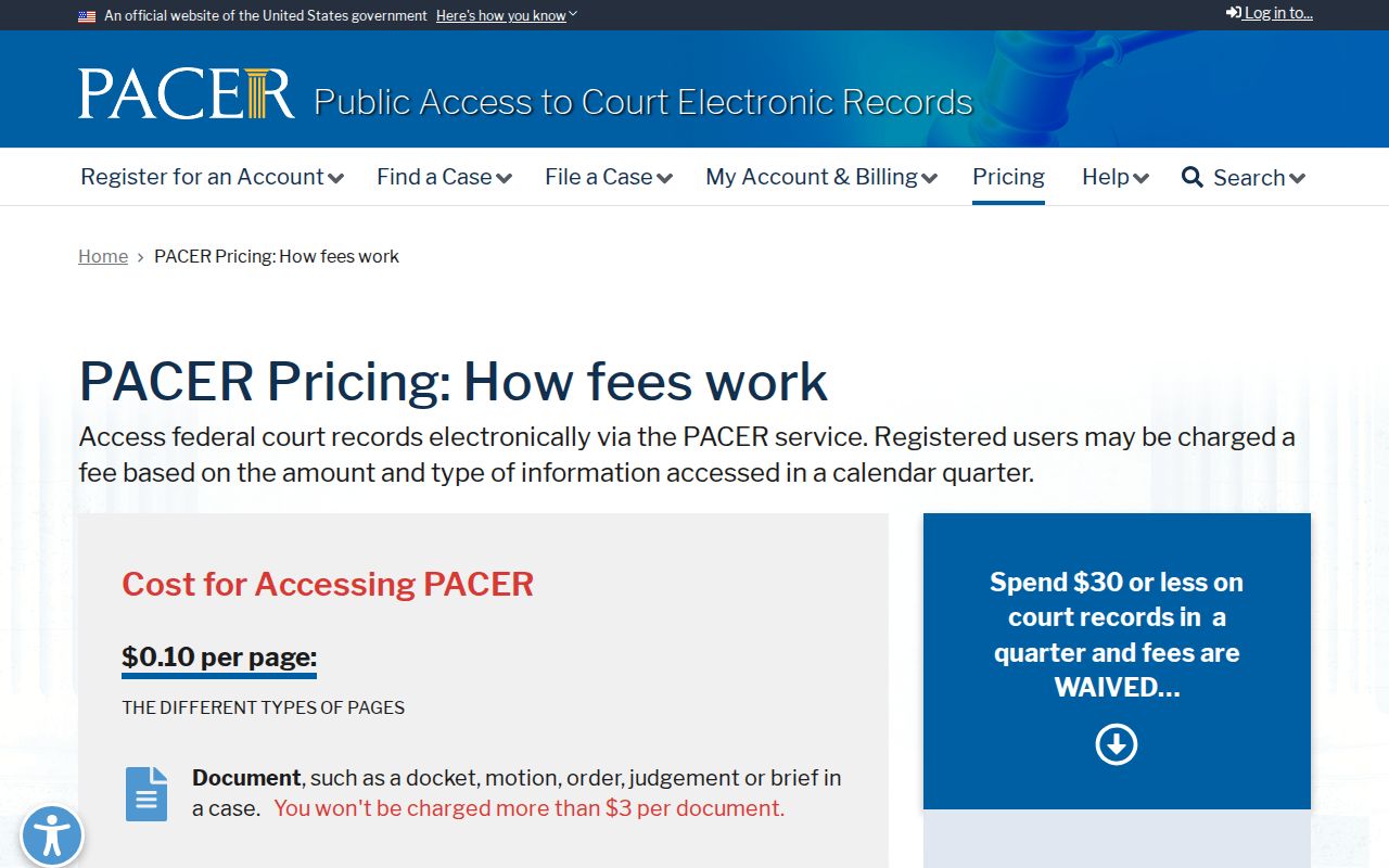 Ellis County court case records comparison with official federal PACER pricing