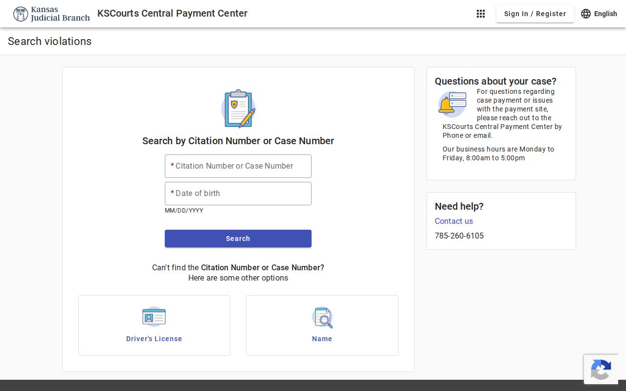 Kansas Central Payment Center violation search fields